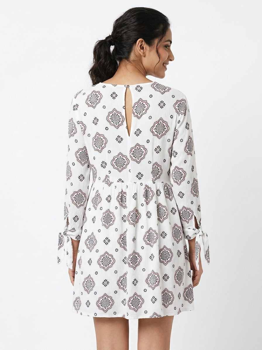 White Printed V-Neck Mini Dress