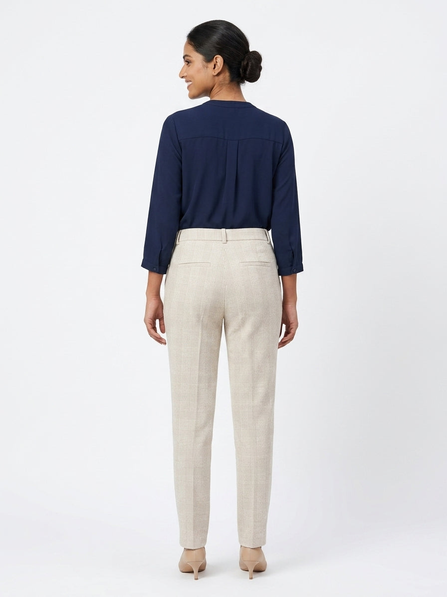 Cream Plaid Regular Fit Trousers