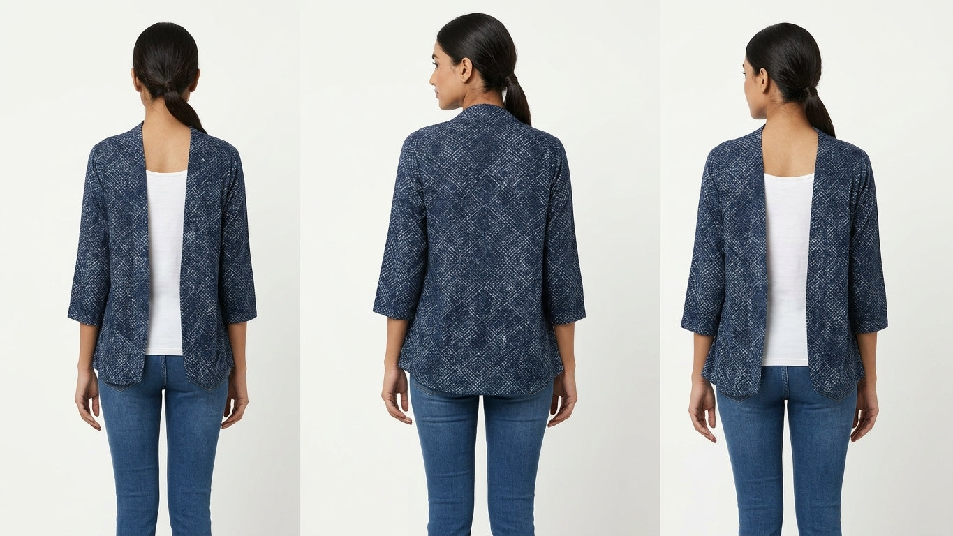 Navy Blue Printed Open Front Shrug