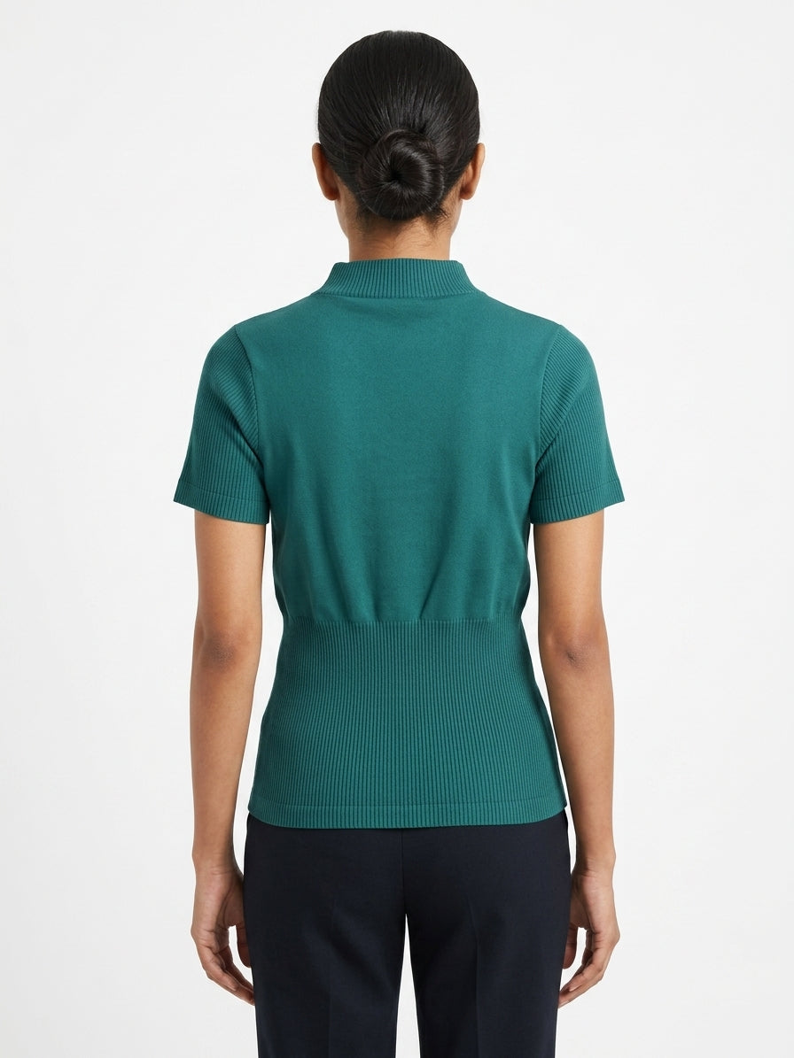Teal Ribbed Mock Neck Short Sleeve Slim Fit Top