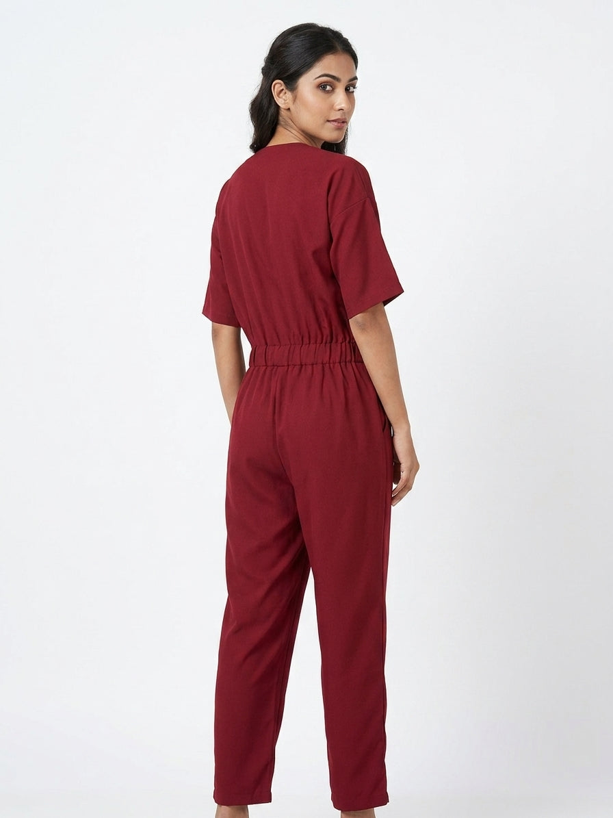 Jumpsuit Solid Maroon Polyester