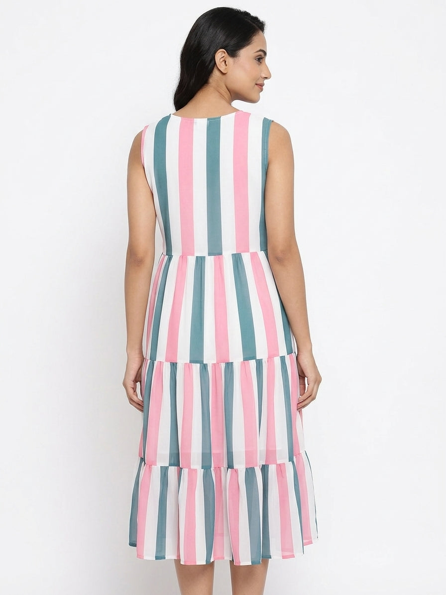 Multi-Color Striped Sleeveless Tiered Dress