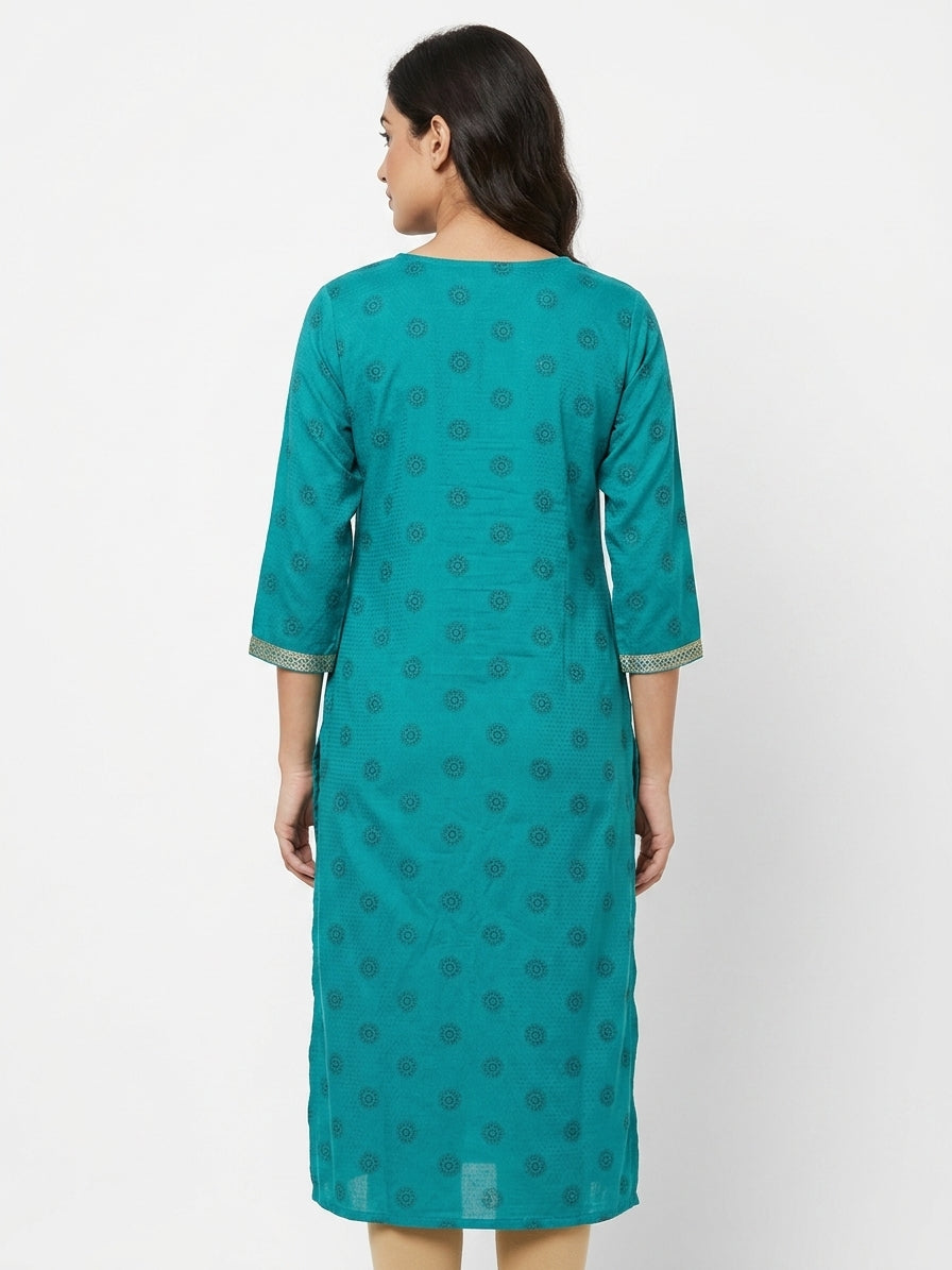 Teal Printed Straight Kurti