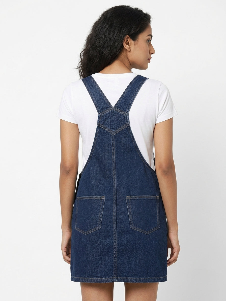 Dark Blue Denim Button-Front Pinafore Dress