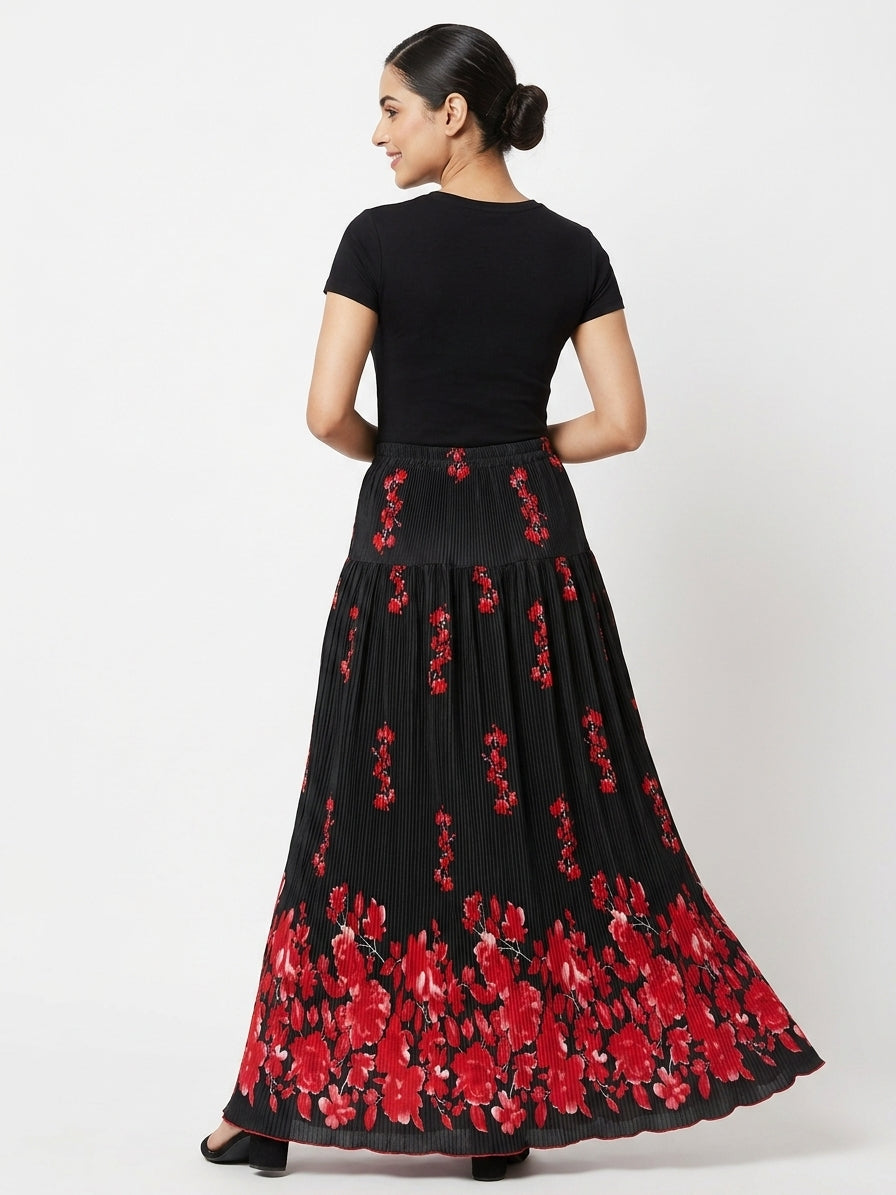 Black Floral Pleated Flared Skirt