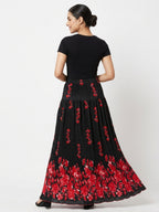 Black Floral Pleated Flared Skirt