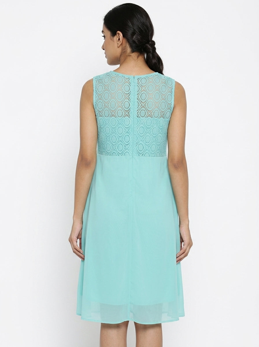 Sea Green Self Design Sleeveless A-Line Dress