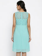 Sea Green Self Design Sleeveless A-Line Dress