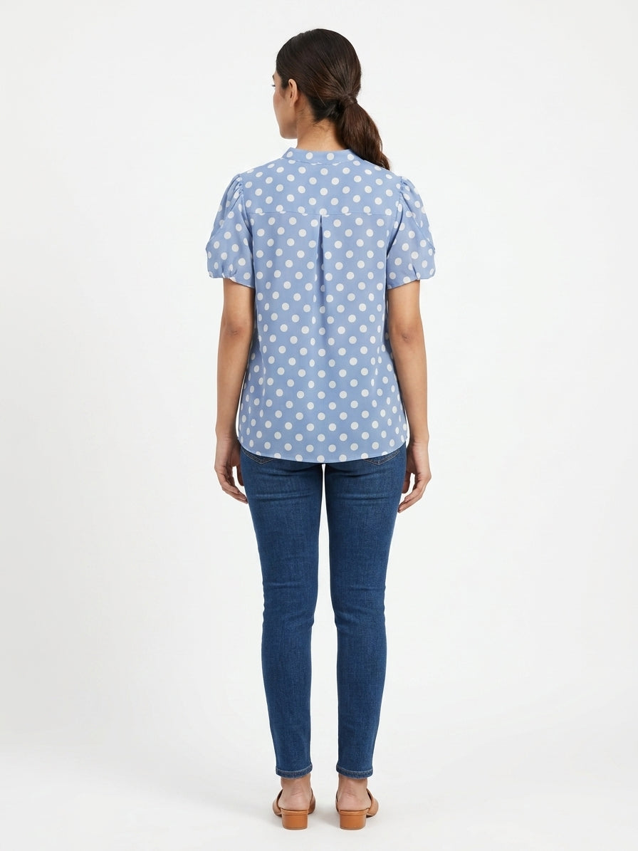 Blue Polka Dot Casual Blouse