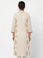 Women's Off White Printed Cotton Kurti with Red Tassels