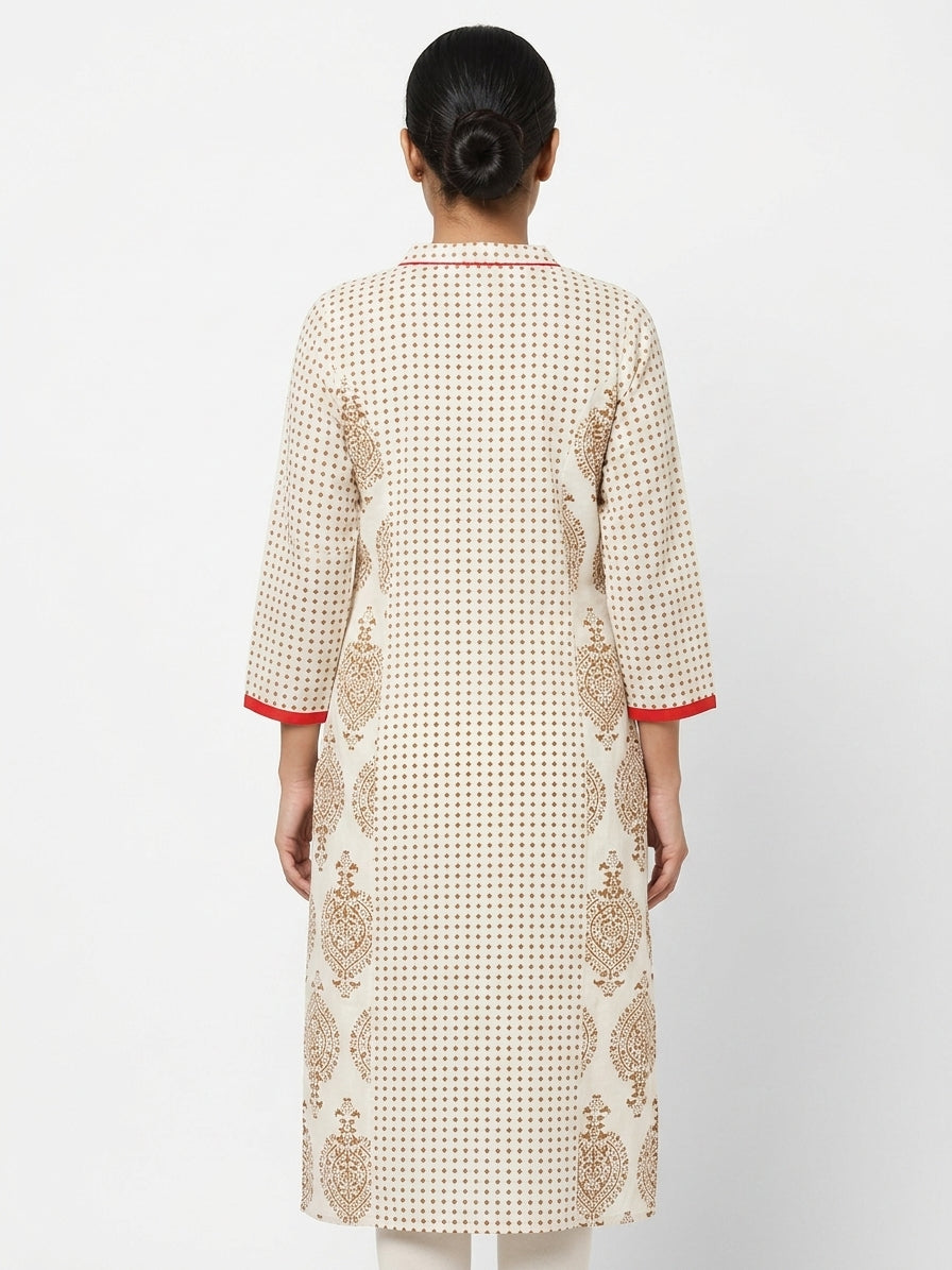 Women's Off White Printed Cotton Kurti with Red Tassels