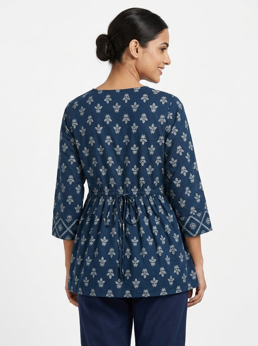 Navy Blue Ethnic Print Relaxed Fit Tunic Top