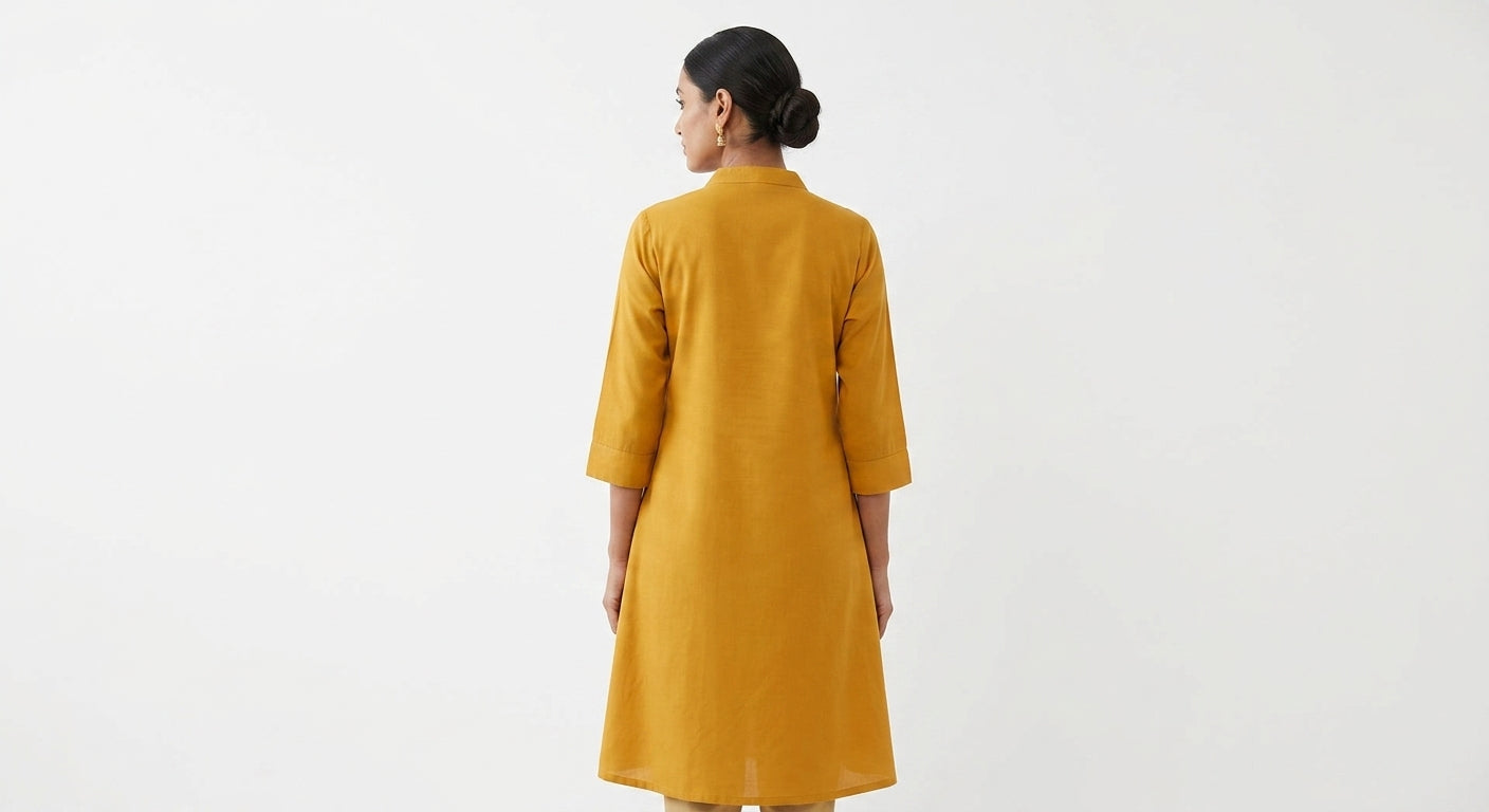 Mustard Solid V-Neck Kurta with Embroidered Neckline