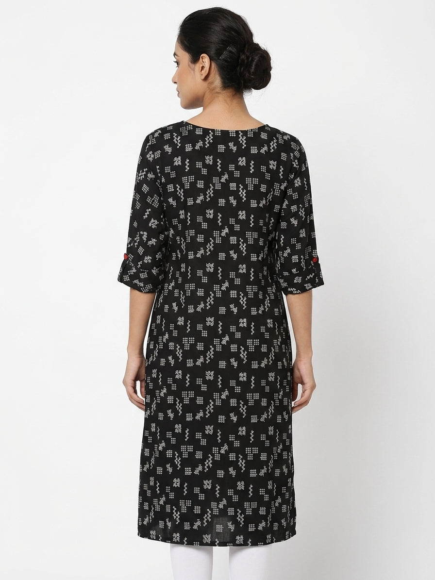 Black Printed Rayon Kurti with Red Buttons