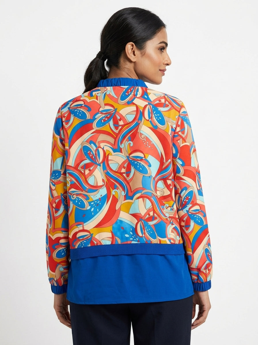 Vibrant Abstract Print Colorblock Bomber Jacket