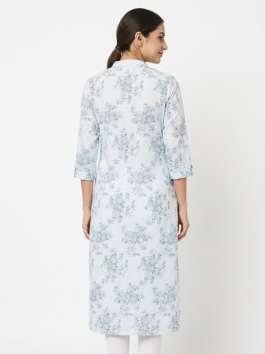 White & Light Blue Floral Printed Casual Kurti