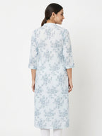 White & Light Blue Floral Printed Casual Kurti