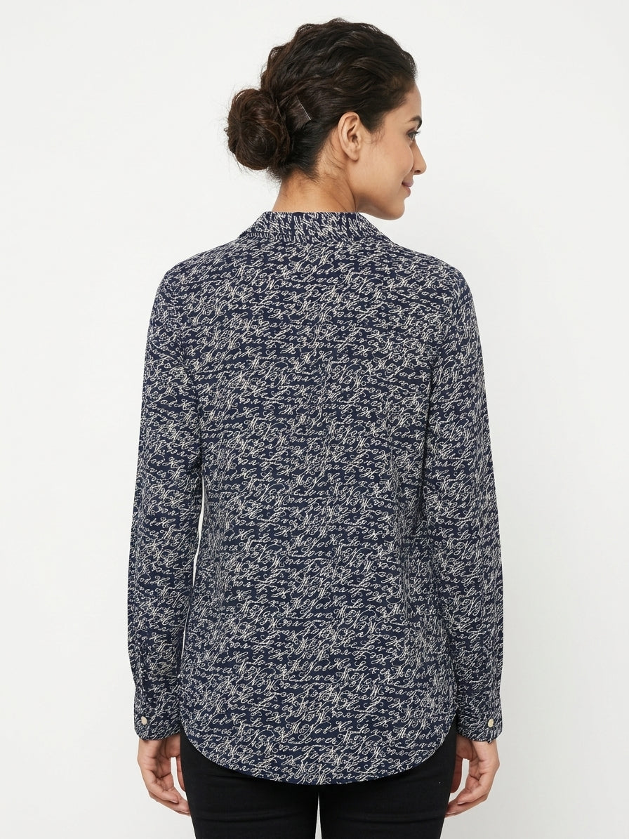 Navy Blue Script Print Casual Shirt