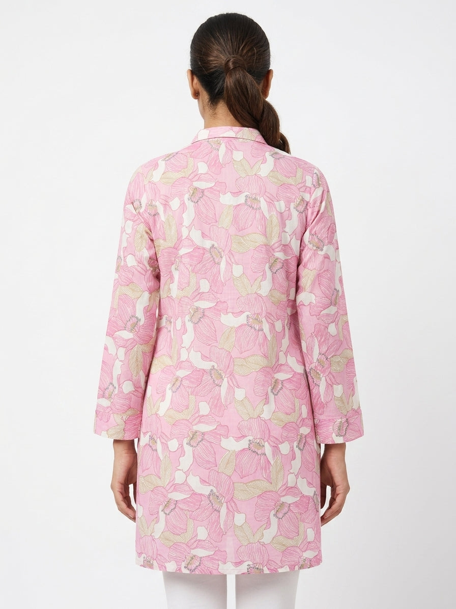 Pink Floral Printed Long Sleeve Tunic Top