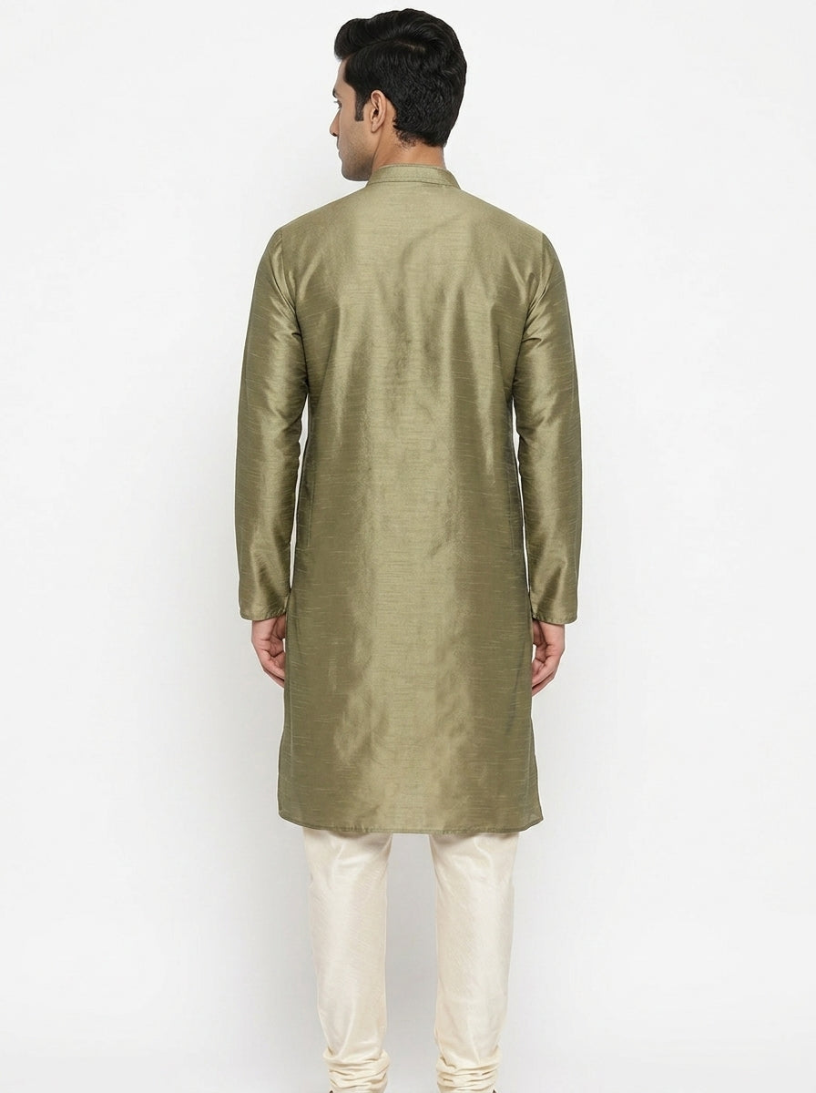 Men's Olive Solid Silk Kurta
