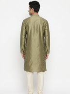Men's Olive Solid Silk Kurta