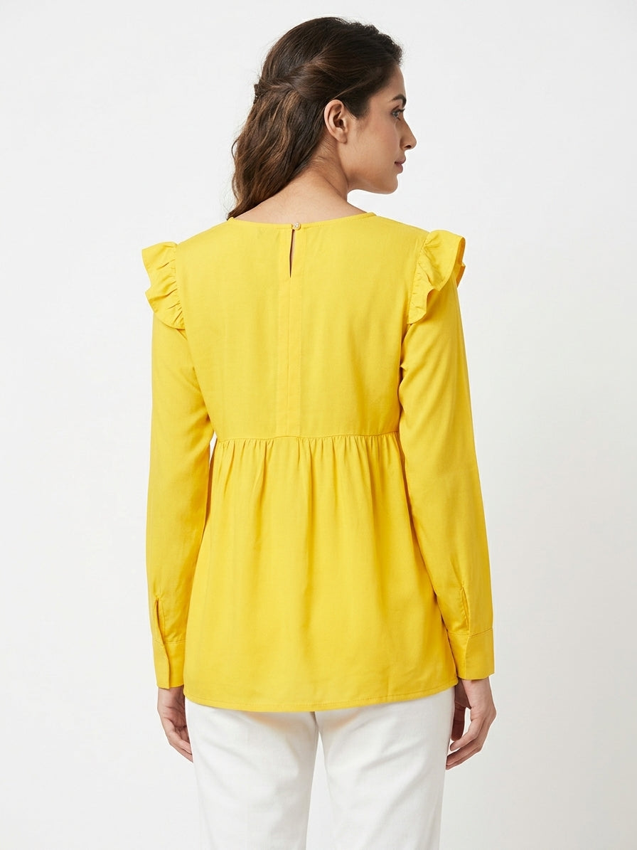 Yellow Floral Embroidered Round Neck Tunic Top