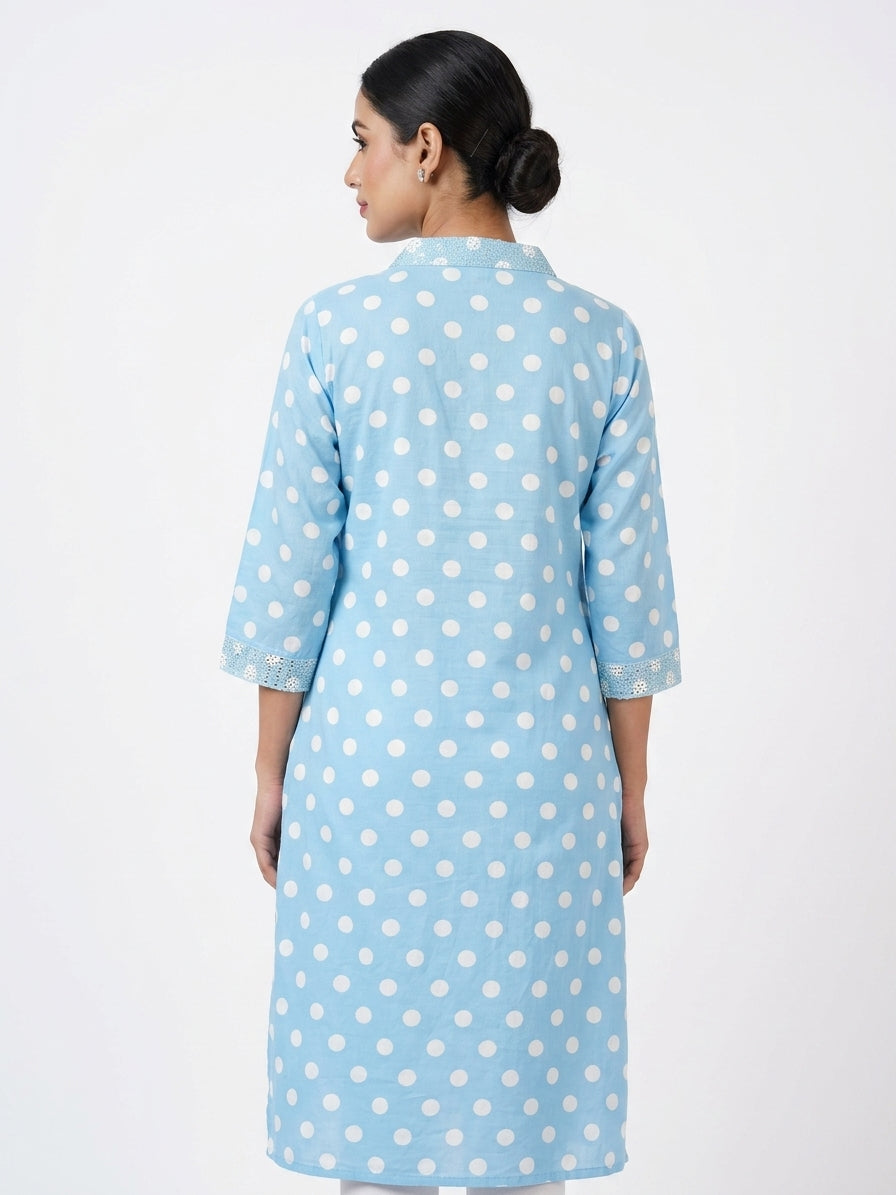 Light Blue Polka Dot Embellished V-Neck Kurti