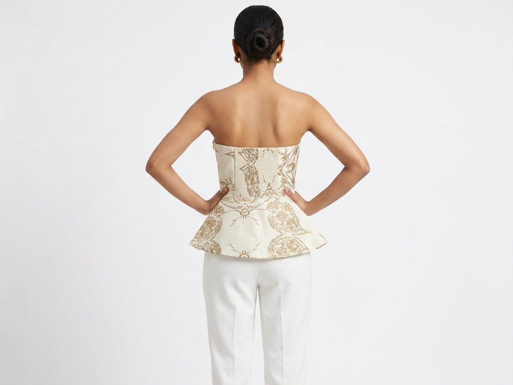 Women's Off White Botanical Print Strapless Flared Peplum Top