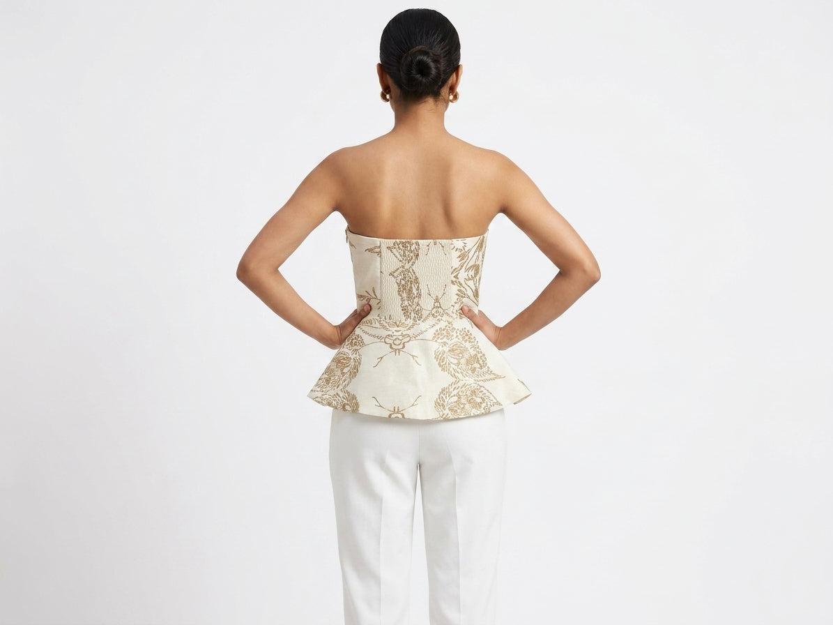 Women's Off White Botanical Print Strapless Flared Peplum Top