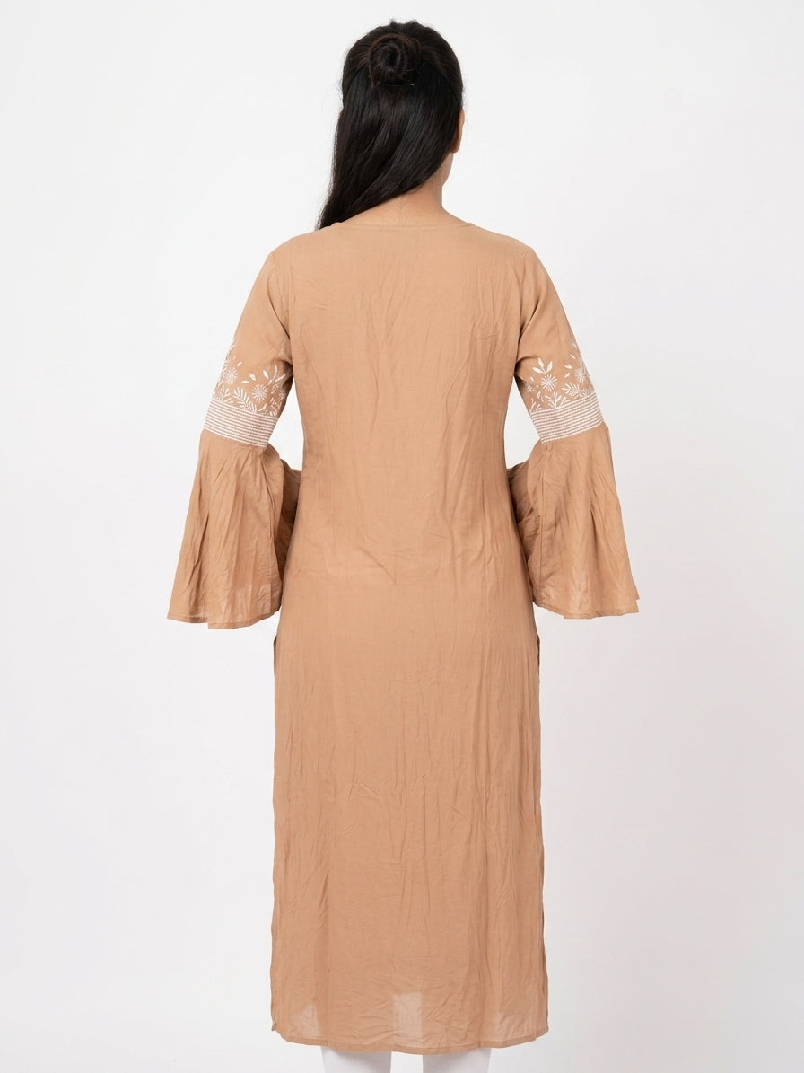 Tan Ethnic Embroidered Straight Kurti with Tassels