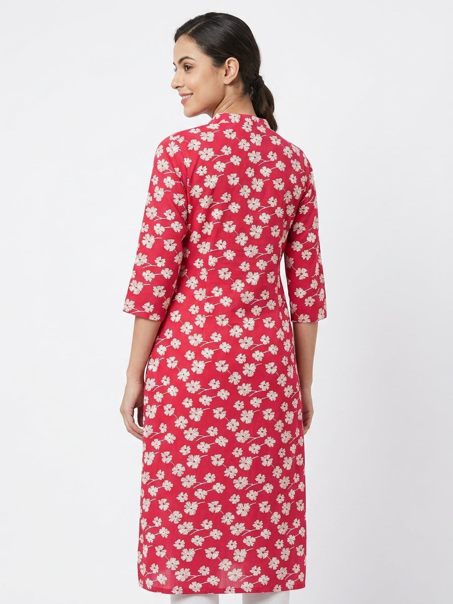 Red Floral Printed Rayon Kurti
