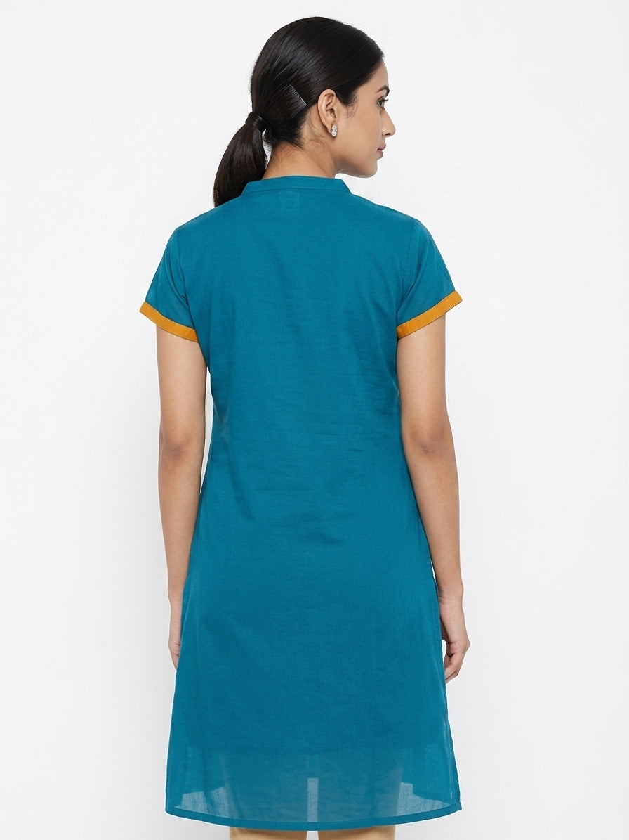 Teal Solid Casual Kurti with Mandarin Collar