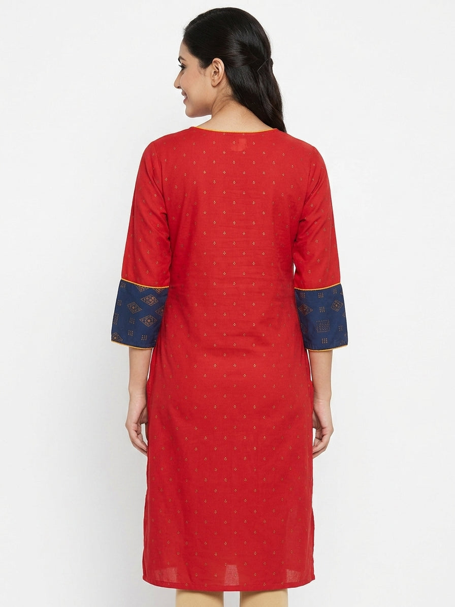 Red Printed Straight Kurti with Navy Yoke