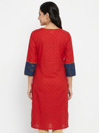 Red Printed Straight Kurti with Navy Yoke