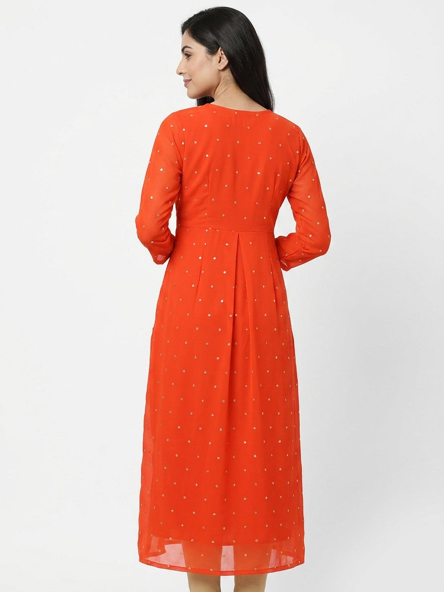 Orange Embellished Pleated Kurti