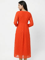 Orange Embellished Pleated Kurti
