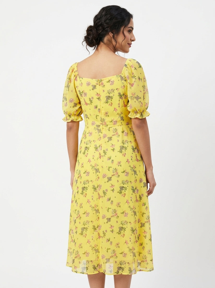 Yellow Floral Printed Square Neck Midi Dress
