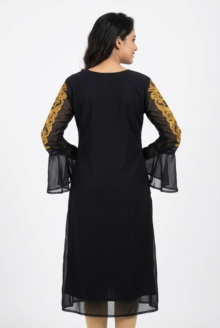 Black Embellished Straight Kurti with Bell Sleeves