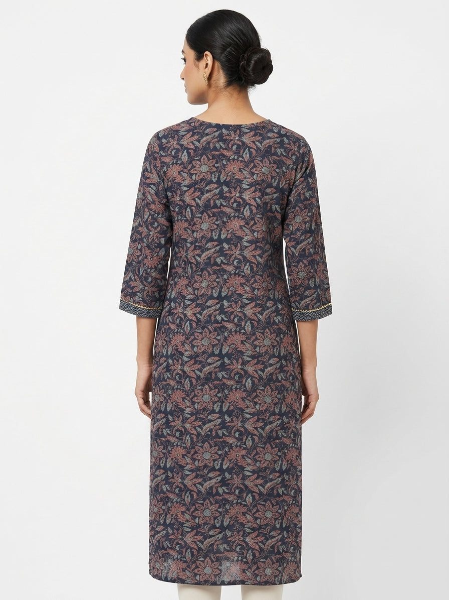 Navy Blue Floral Printed Straight Kurti