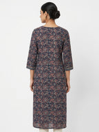 Navy Blue Floral Printed Straight Kurti