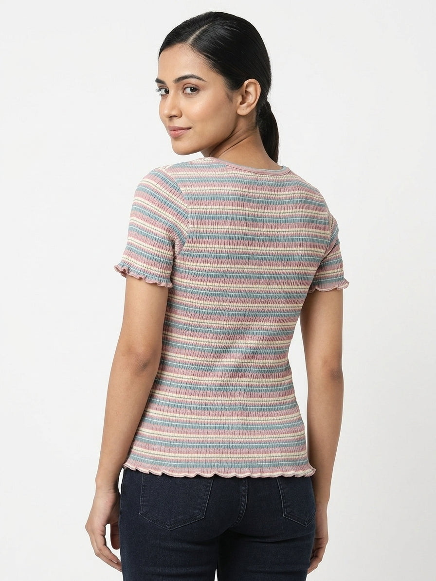 Women's Multi-Striped Smocked V-Neck Top
