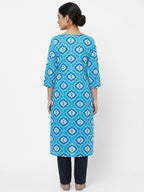 Women's Blue Ethnic Print Regular Fit Kurti