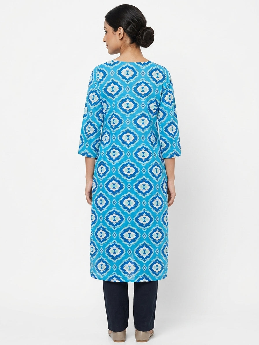 Women's Blue Ethnic Print Regular Fit Kurti