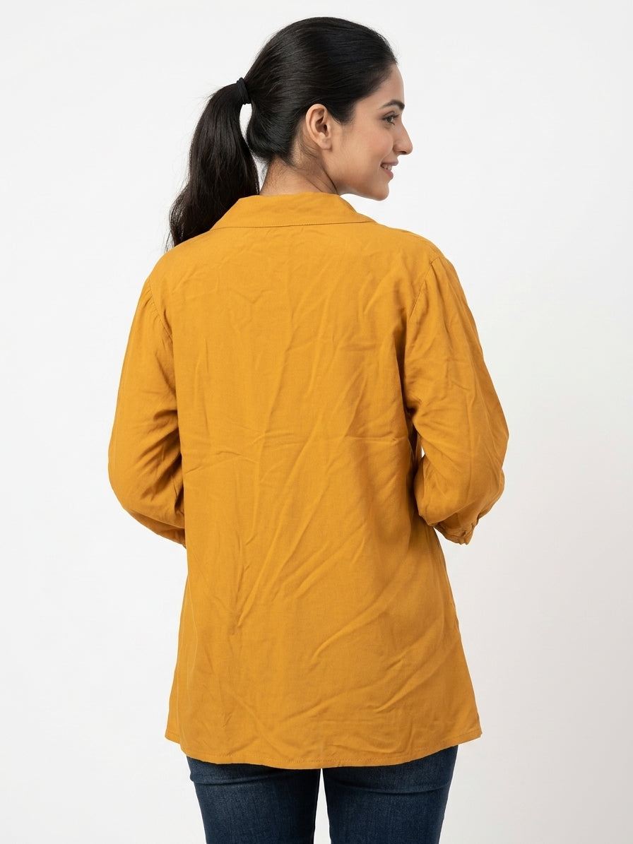 Mustard Solid Relaxed Fit Button-Front Top