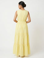 Yellow Embellished Tiered Flared Dress