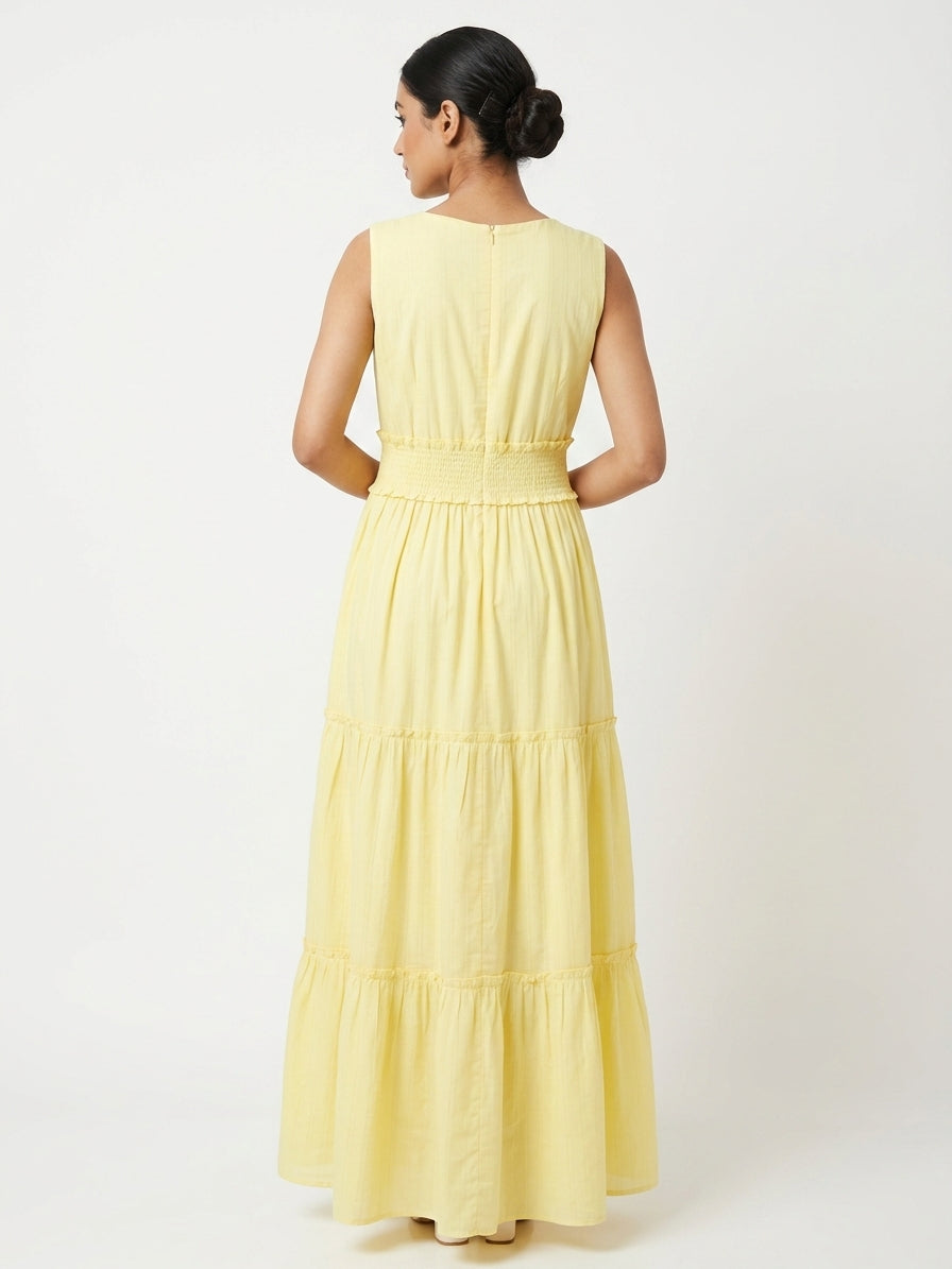 Yellow Embellished Tiered Flared Dress