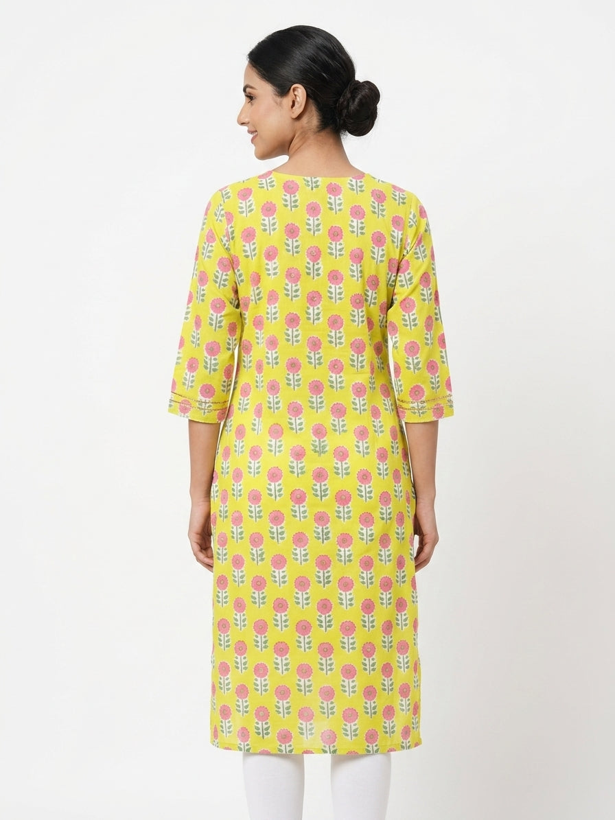 Lemon Floral Printed Cotton Kurti