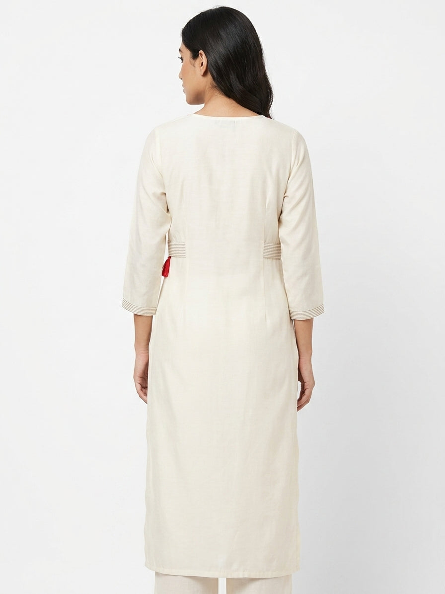 Off White Solid Viscose Kurti with Tassels