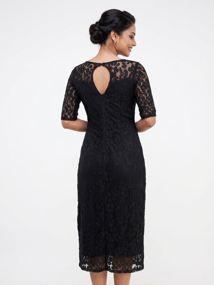 Women's Black Self Design Round Neck Midi Dress