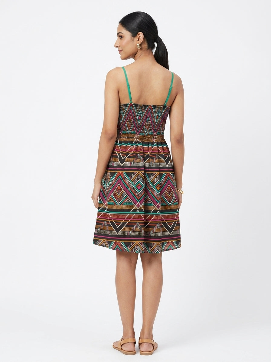 Multi-Color Geometric Print A-line Spaghetti Strap Dress